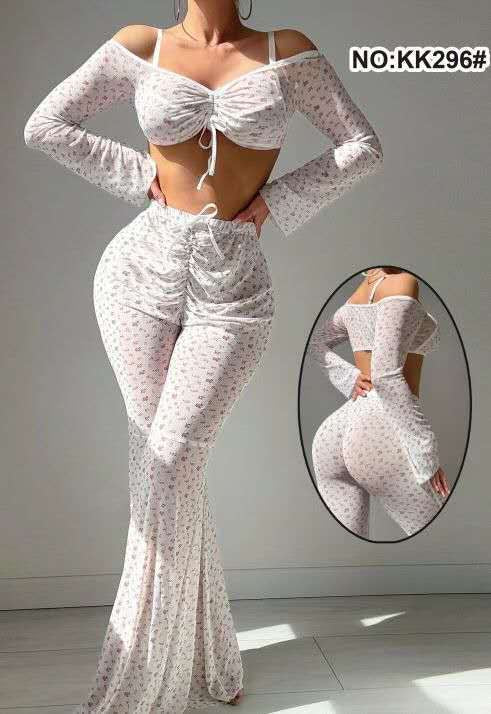 Ensemble Deux Pièces Femme – Top Froncé & Pantalon Évasé Imprimé