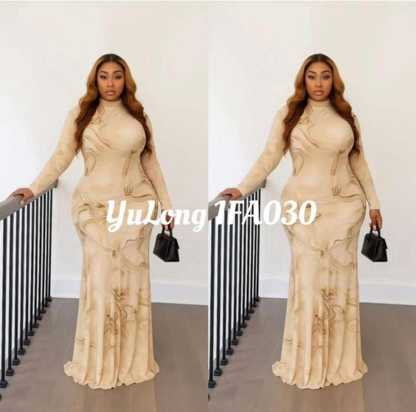 Robe Maxi Sculptante à Imprimé Abstrait – Silhouette Sirène & Col Montant