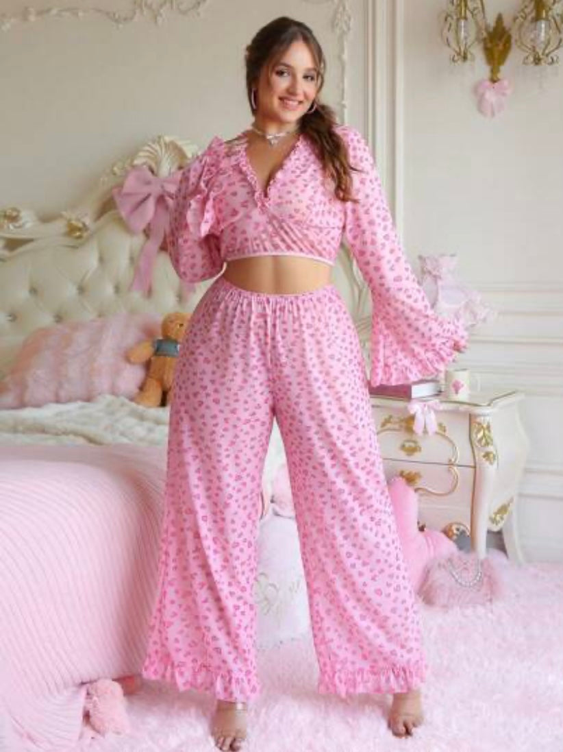 Ensemble Pyjama Femme 2 Pièces Rose – Haut Court & Pantalon Fluide