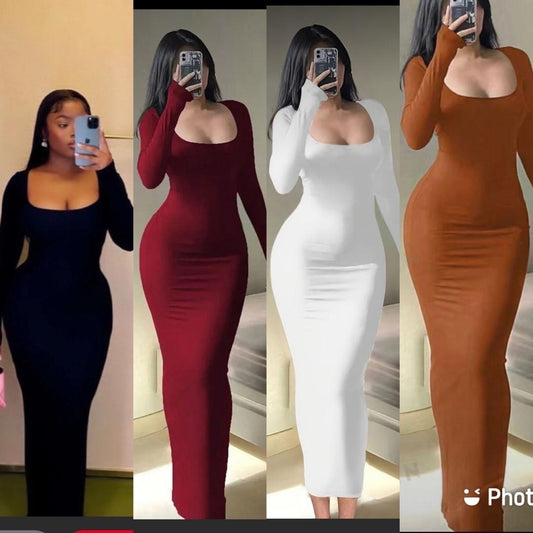 Robe Longue Moulante – Col Carré & Manches Longues