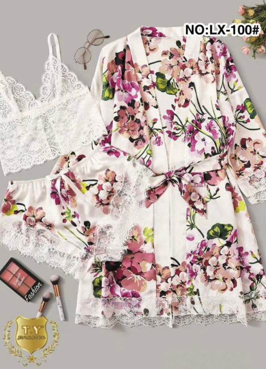 🌸 Ensemble satin & dentelle 3 pièces – Fleur romantique