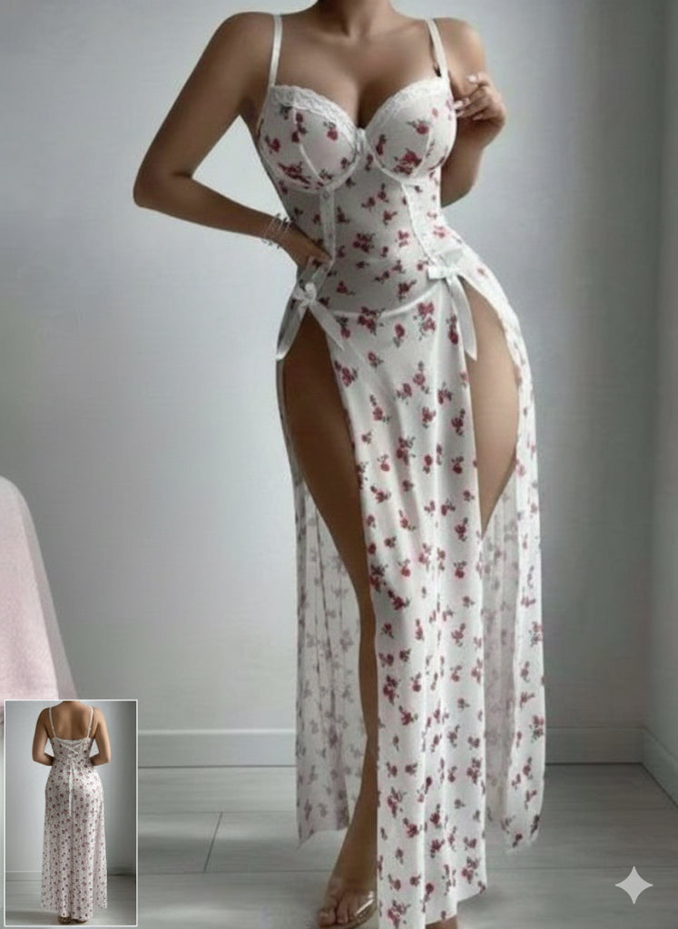 Robe nuisette fendue imprimée fleurie – Effet silhouette & lingerie élégante