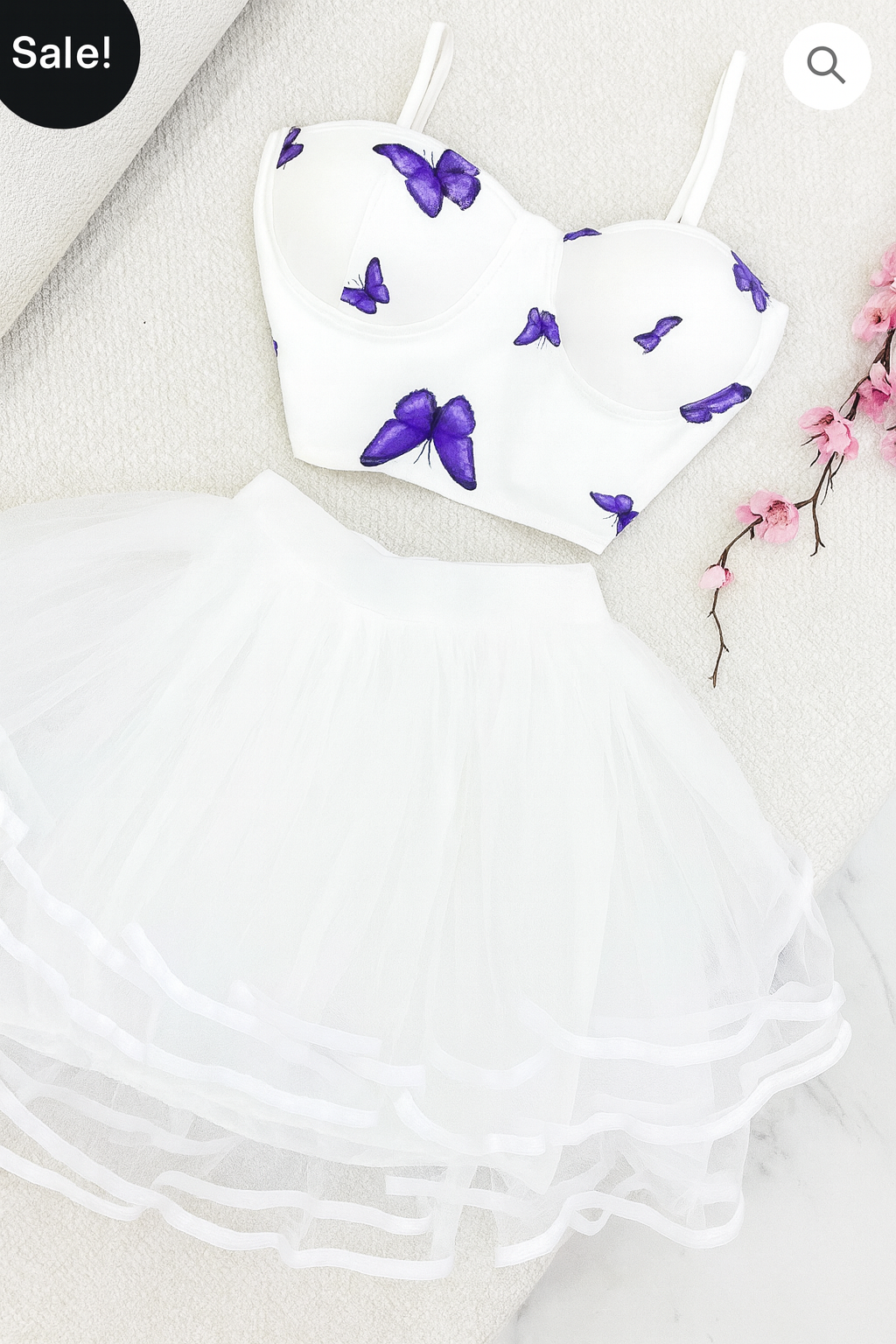 Ensemble Nuisette 2 Pièces Papillons Dentelle Transparente - Corset Crop Top & Mini Jupe A-Line