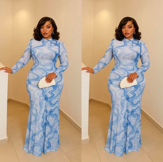 Robe Maxi Sculptante à Imprimé Abstrait – Silhouette Sirène & Col Montant