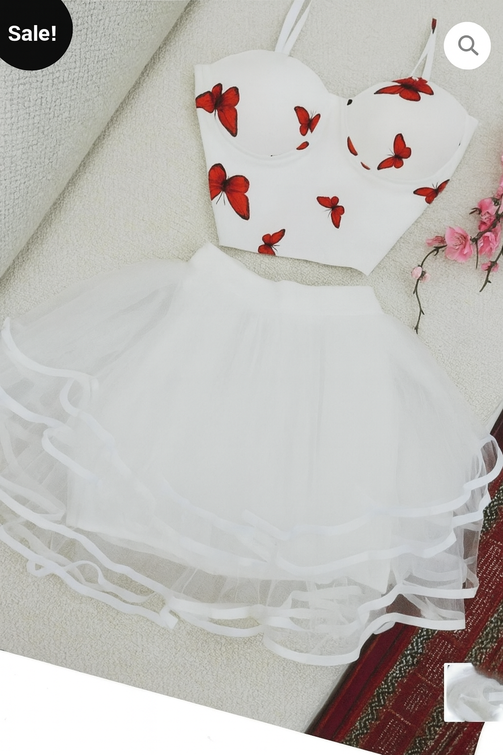 Ensemble Nuisette 2 Pièces Papillons Dentelle Transparente - Corset Crop Top & Mini Jupe A-Line