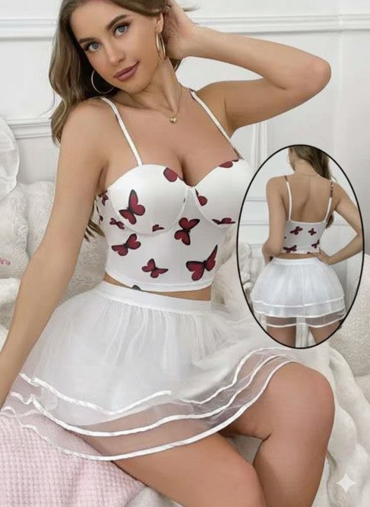 Ensemble Nuisette 2 Pièces Papillons Dentelle Transparente - Corset Crop Top & Mini Jupe A-Line