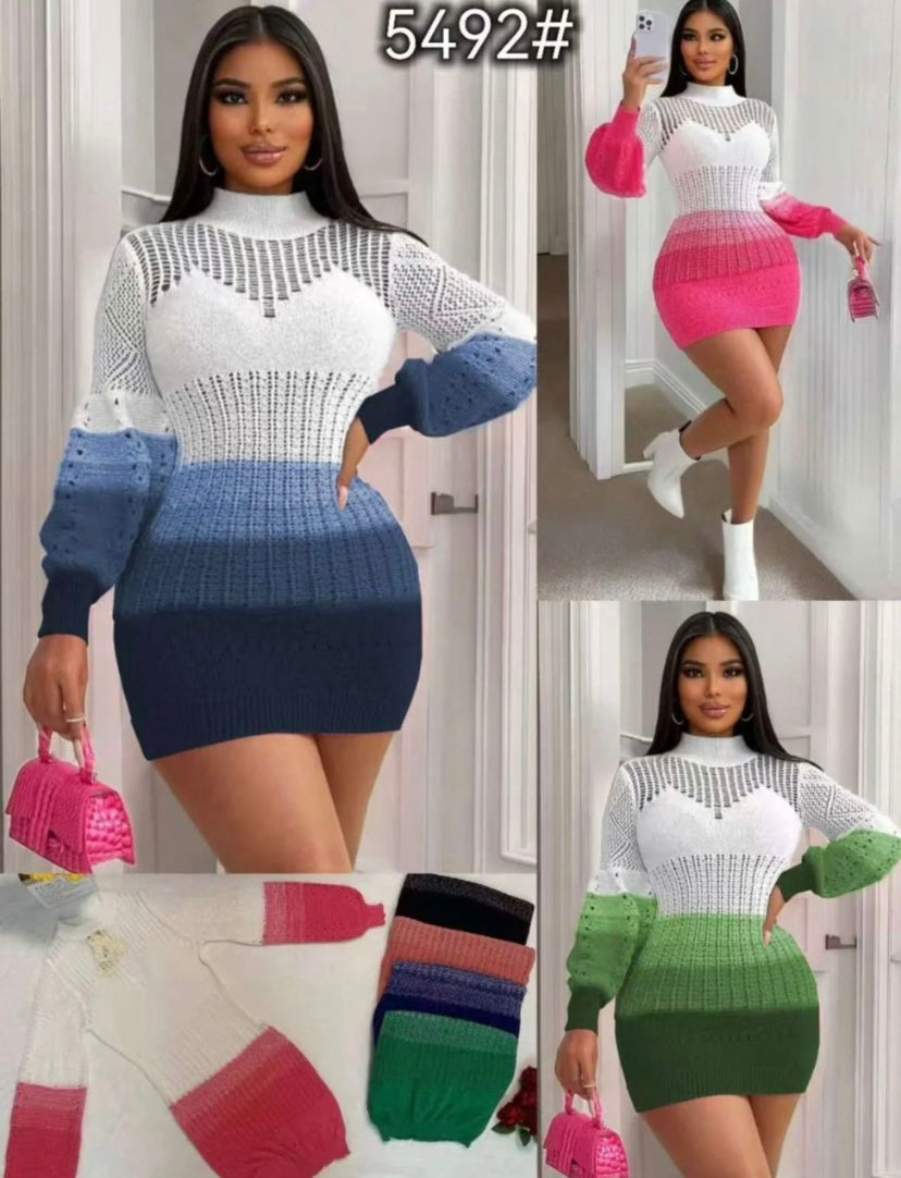 Robe Pull Courte Tricotée Dégradé Évidée – Manches Ballon Longues