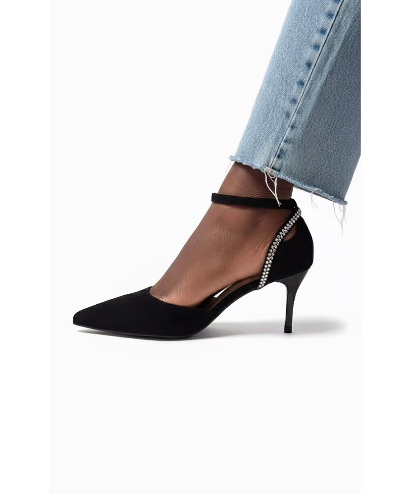 Escarpins Pointus à Talon Fin avec Bride Cheville & Détails Strass