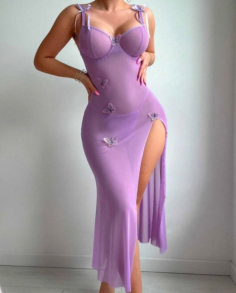 Robe Longue Transparente en Mesh à Papillons – Fente Haute et Bretelles Rubans