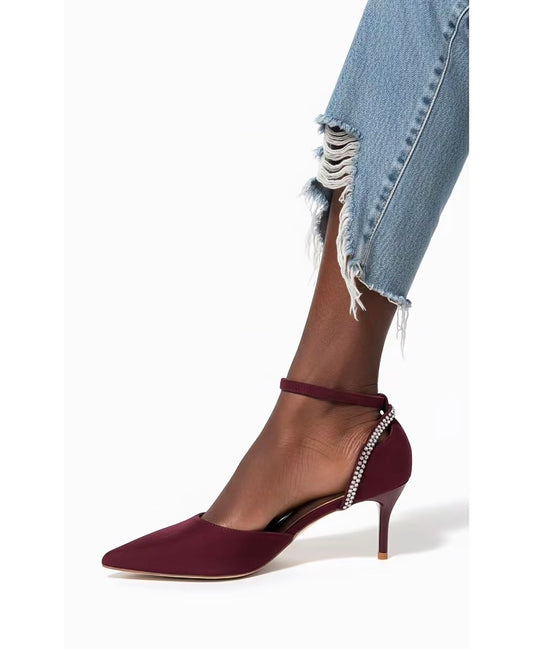 Escarpins Pointus à Talon Fin avec Bride Cheville & Détails Strass