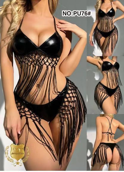 Nuisette Résille Cuir Verni Sensuelle à Franges – Lingerie Audacieuse