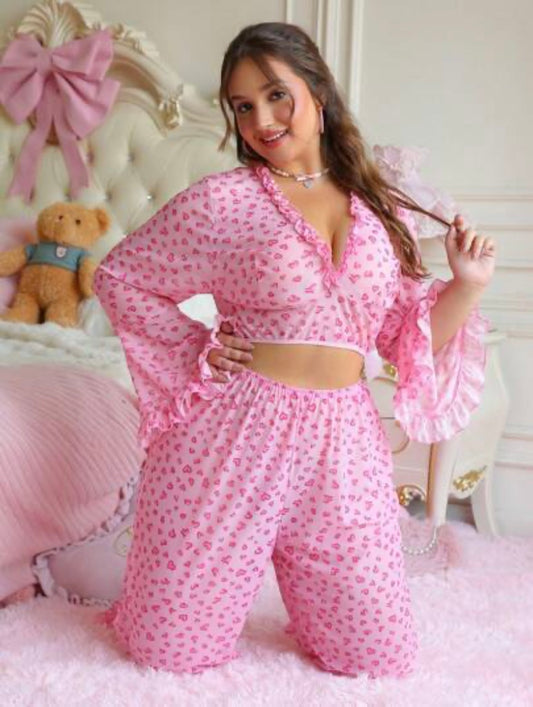 Ensemble Pyjama Femme 2 Pièces Rose – Haut Court & Pantalon Fluide