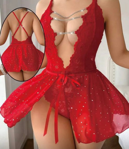 💃 Ensemble Lingerie Sexy en Dentelle avec Chaînes et Jupe Transparente