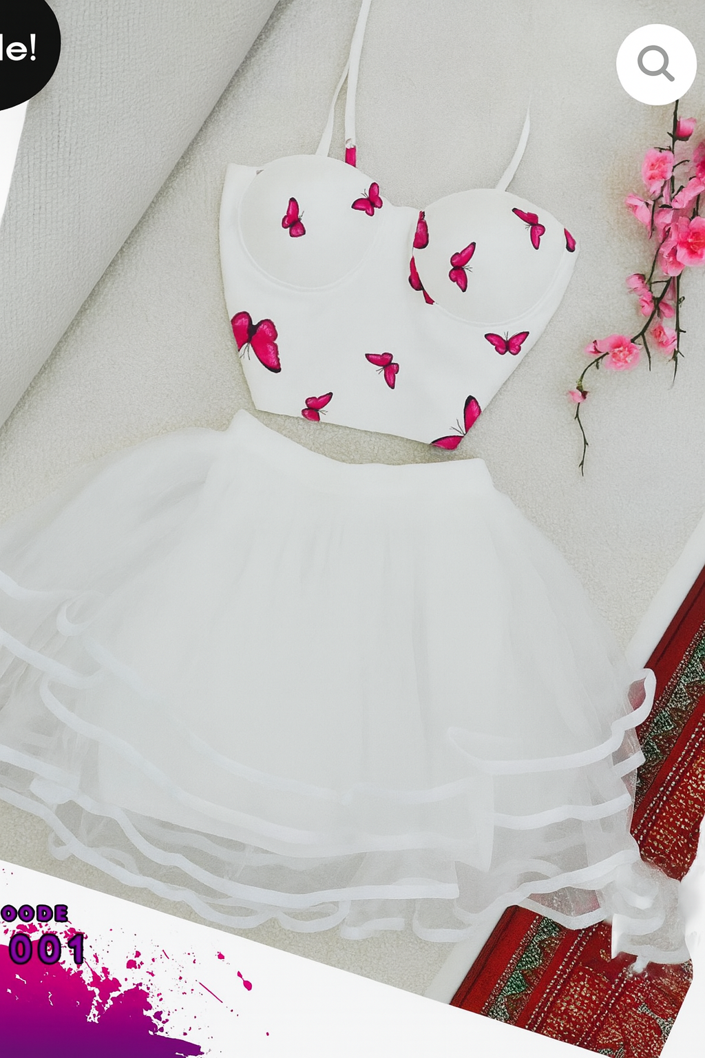 Ensemble Nuisette 2 Pièces Papillons Dentelle Transparente - Corset Crop Top & Mini Jupe A-Line