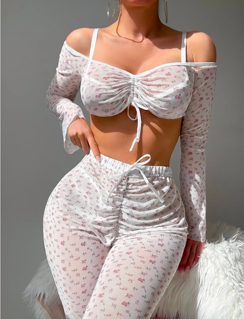 Ensemble Deux Pièces Femme – Top Froncé & Pantalon Évasé Imprimé