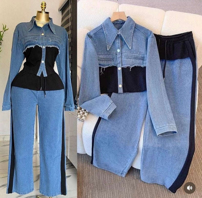 Ensemble Denim Contrasté 2 Pièces – Veste Courte & Pantalon Taille Haute