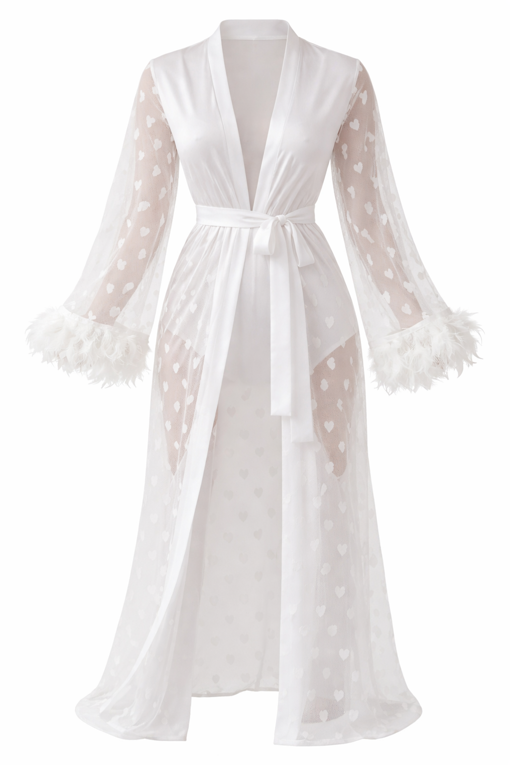 Manteau Long en Voile Transparent Ultra Doux – Motifs Cœur & Manches Plumes