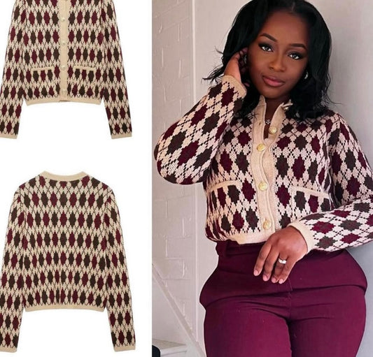 Gilet Court Tricot Motif Losanges – Style Chic & Intemporel